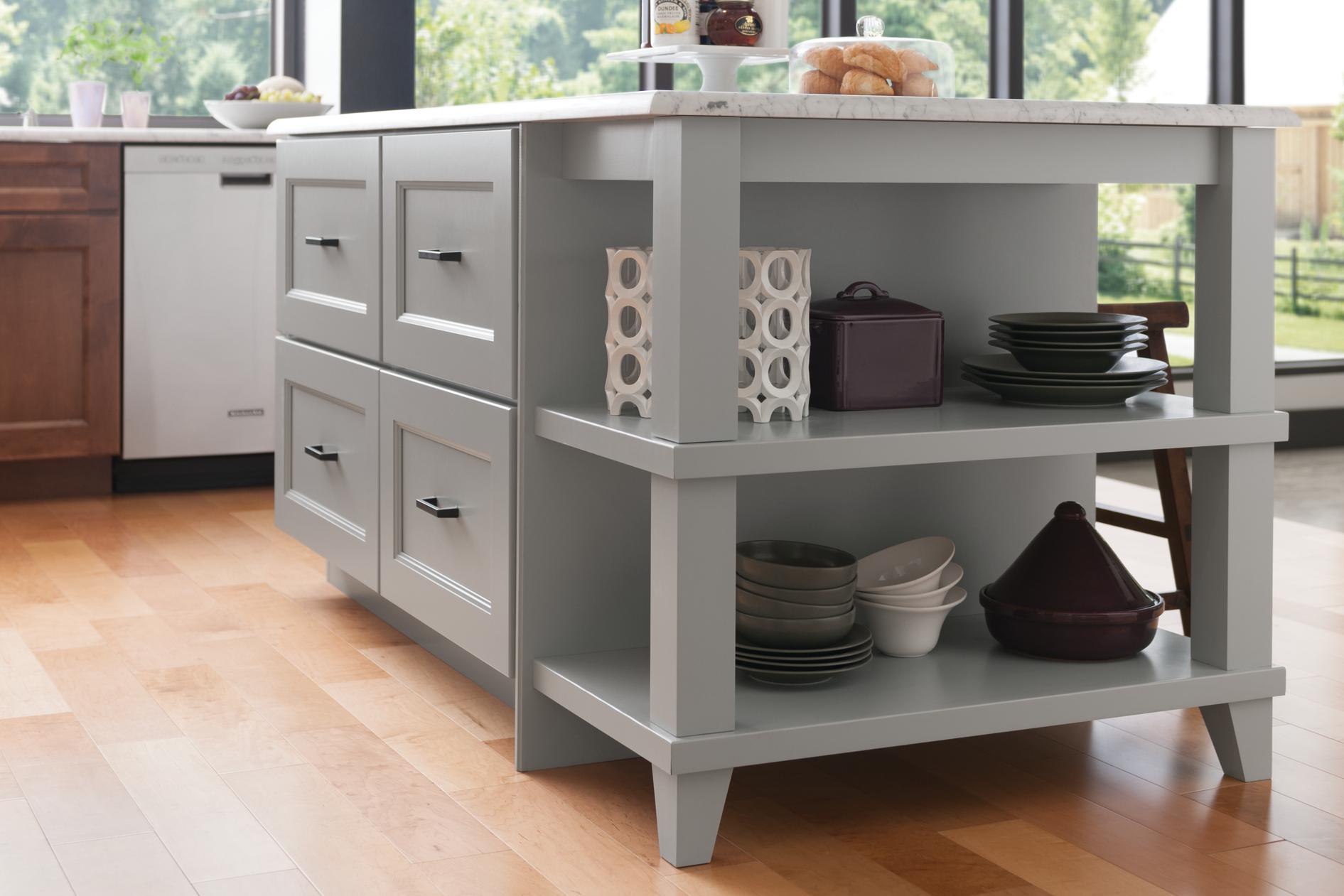 Kitchen Island with Drawers, Open End Shelf Unit, and Decorative Legs